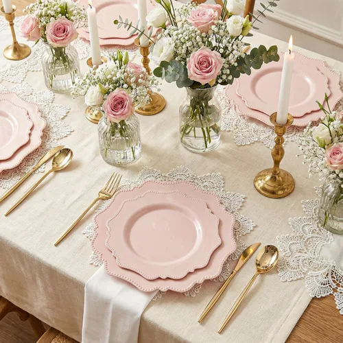 Miniatura 5 de COLOSUS Juego de platos desechables de plástico rosa para fiesta, paquete de 60 (30 invitados), platos para cena y ensalada/postre para primavera