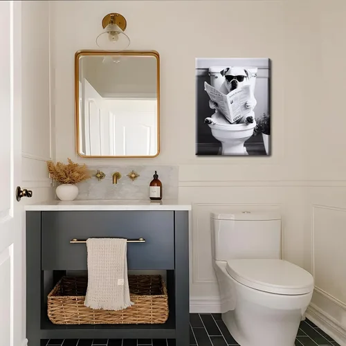 Miniatura 6 de Divertida imagen de baño para decoración de pared, periódico de lectura de perros en el inodoro, arte de pared enmarcado en blanco y negro