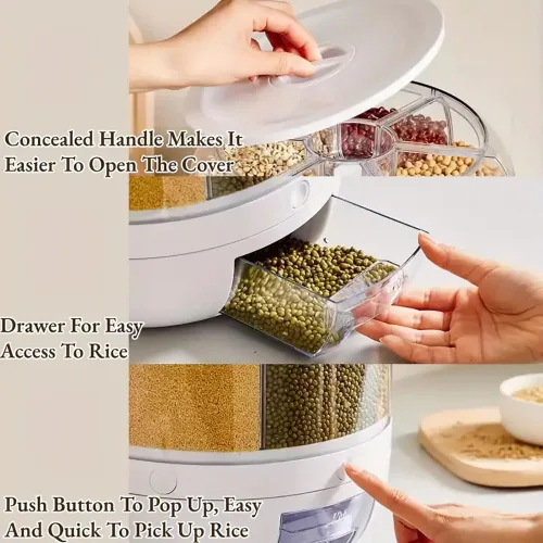 Miniatura 6 de Contenedor giratorio de almacenamiento de granos, dispensador de arroz, recipiente de arroz de 6 compartimentos, dispensador de alimentos giratorio