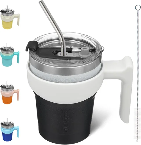 Miniatura 31 de BJPKPK Vaso con asa de acero inoxidable de 20 onzas, con aislamiento de doble pared, con tapa y pajita, color rosa claro A-rosa claro