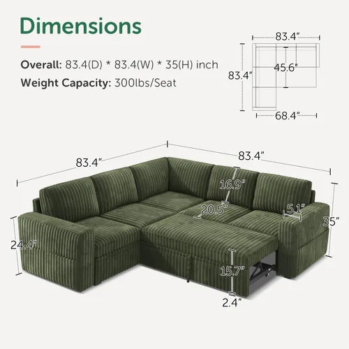 Miniatura 2 de HONBAY - Sofá seccional modular con cama desplegable, sofá en forma de L de pana con almacenamiento, sofás seccionales para sala de estar, verde