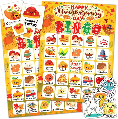 Tarjetas de Bingo del Día de Acción de Gracias, Juego de Bingo Lindo del Día de Acción de Gracias para 24 Jugadores, Niños, Adultos, Suministros de