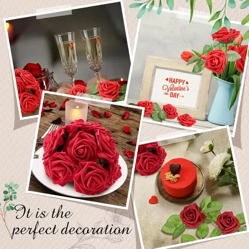 Miniatura 4 de Sherr 250 rosas artificiales a granel, rosas falsas con tallo, centro de mesa de flores sintéticas para boda, decoración del día de la madre, Borgoña