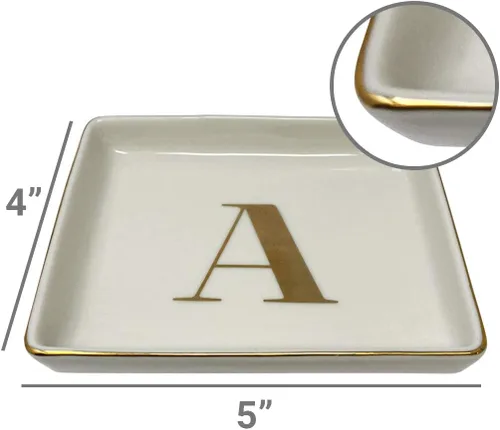 Miniatura 5 de Bandeja de joyería con anillo con inicial de regalo, plato de joyería personalizado y plato de baratija con iniciales de oro titular de cerámica