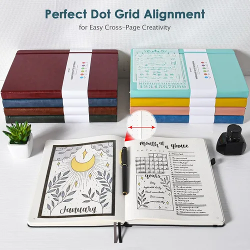 Miniatura 6 de Cuaderno de diario con puntos, 312 páginas numeradas, cuaderno grande B5 de cuero de tapa dura, papel de 100gsm sin traspaso, cuaderno de cuadrícula