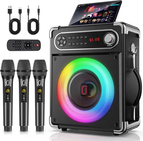 Miniatura 9 de HWWR Máquina de karaoke con 2 micrófonos, altavoz de karaoke portátil Bluetooth 5.3 para eventos al aire libre, reuniones y fiestas, sistema PA
