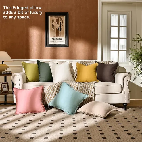 Miniatura 5 de AmHoo Paquete de 2 fundas de almohada de lino con borlas con flecos decorativas rústicas naturales para cojín de sofá, sofá, dormitorio 16 x 16 Beige