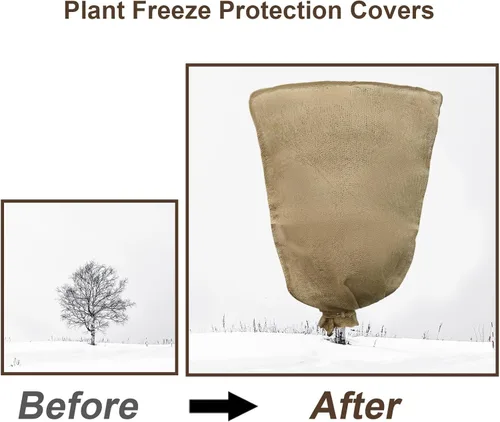 Miniatura 7 de Svepndic 2 bolsas reutilizables de arpillera cálida para plantas de invierno de 47 x 40 pulgadas con cordón de arpillera para plantas, protección