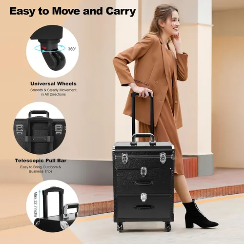 Miniatura 5 de TFCFL Estuche de carrito de maquillaje de 3 niveles, Negro -, Elegante