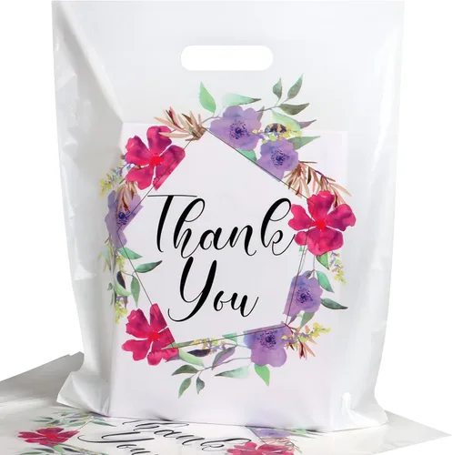 POPGIFTU Bolsas de agradecimiento florales con asas, bolsa de plástico de 12 x 15 pulgadas, paquete de 100 – Boutique, regalo, recuerdo de fiesta y