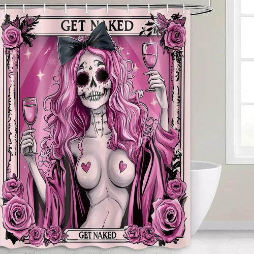Miniatura 10 de Divertida cortina de ducha de esqueleto de calavera rosa, para Halloween, gótica, rosa, rojo, rosa, floral, vino tinto, terror, terror, cortina