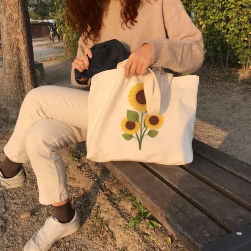 Miniatura 7 de Bolsa de lona para mujer bolsa de hombro grande de lona con cremallerabolsillo interior bolsa de compras reutilizable bolsa de almacenamiento