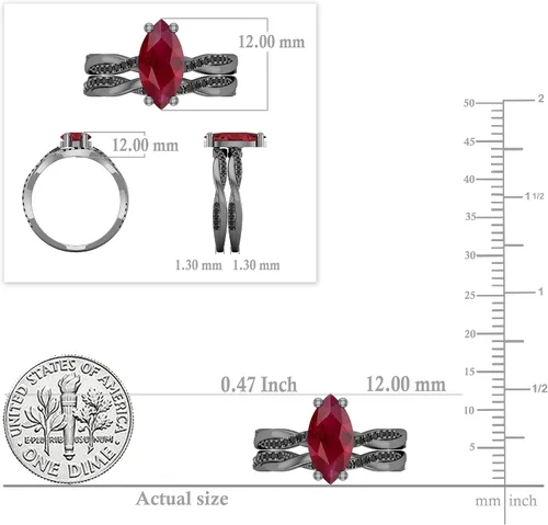 Miniatura 5 de Dazzlingrock Collection Juego de anillos nupciales de diamantes negros redondos y piedras preciosas marquesas creadas en laboratorio de 0.472 x