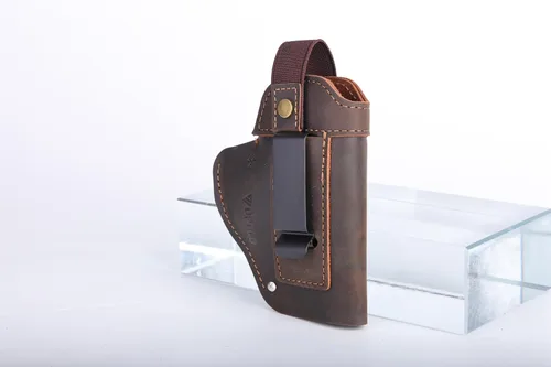 Miniatura 13 de Funda de pistola universal de cuero IWB/OWB para hombre y mujer, derecha/izquierda, funda oculta compatible con Glock 17/19/23/26/42/43X, Taurus