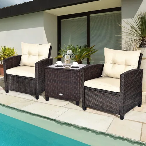 Miniatura 8 de Juego de muebles de mimbre para patio, juego de sofá para exteriores con cojín resistente al agua y mesa de vidrio templado, color marrón