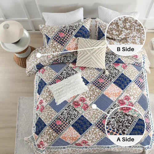 Miniatura 8 de DDUOXIN Colcha floral tamaño King de 120 x 120 pulgadas, 100% algodón, reversible, de gran tamaño, con 2 fundas de almohada, colchas de granja