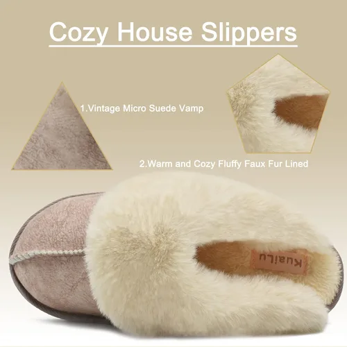 Miniatura 4 de KuaiLu Pantuflas mullidas de espuma viscoelástica doble para mujer, acogedoras con soporte de arco cálido, pantuflas de meter cómodas