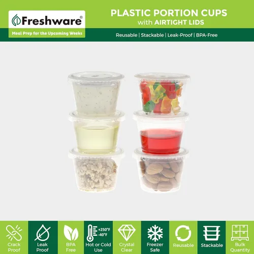 Miniatura 2 de Freshware Vasos de Plástico para Porciones con Tapas [1 Onza, 100 Juegos] Vasos de Plástico Desechables para Preparación de Comidas, Aderezo