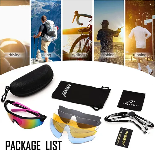 Miniatura 7 de FEISEDY Gafas de sol deportivas, con 5 lentes para hombres y mujeres, TR90 ligeras, béisbol, ciclismo, motocicleta, correr, golf, B2940 Marco negro