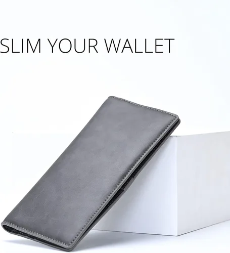 Miniatura 2 de Alldaily Billetera de cuero ultrafina para mujer con bloqueo RFID tarjetero de crédito plegable larga gris