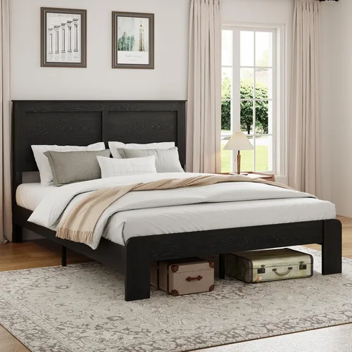 Miniatura 3 de Base de cama completa de madera con cabecera, base de cama de plataforma rústica de granja con soporte de 12 listones de madera, no necesita somier