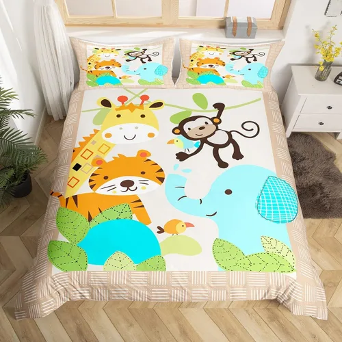 Miniatura 10 de Funda de edredón de animales del zoológico de dibujos animados para niños pequeños, lindo león, mono, elefante, juego de ropa de cama