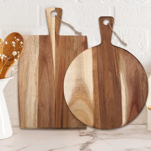 Hsei Juego de 2 Tablas de Cortar de Madera de Acacia con Mango, Tabla de Charcutería de Madera, Juego Grande de Cortar y Tallar tipo Paleta, Bandeja