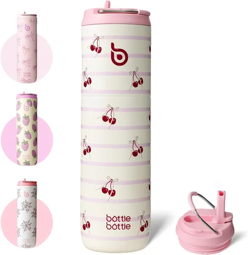 Miniatura 13 de BOTTLE BOTTLE Botella de agua aislada de 24 onzas con tapa de popote y asa para deportes, viajes, gimnasio, botellas de agua de acero inoxidable