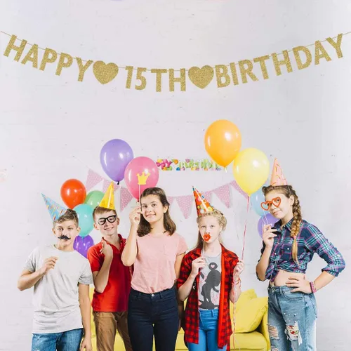 Miniatura 2 de Cartel dorado de feliz cumpleaños número 15, decoración de fiesta de niño o niña de 15 años, suministros