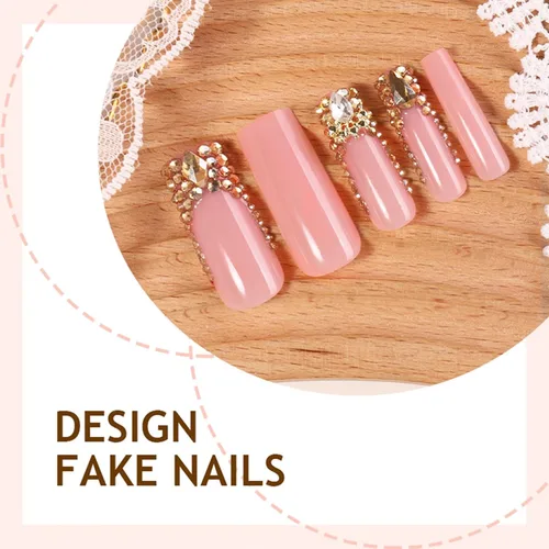 Miniatura 3 de 24 uñas acrílicas a presión, uñas postizas largas con forma de ataúd brillante, color rosa degradado, con diamantes de imitación y purpurina