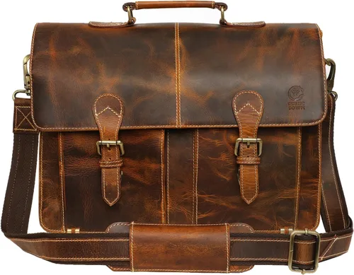 Miniatura 7 de RUSTIC TOWN Bolso de mensajero de cuero hecho a mano para hombre, bolso de mensajero para portátil de 16 pulgadas Marrón nogal