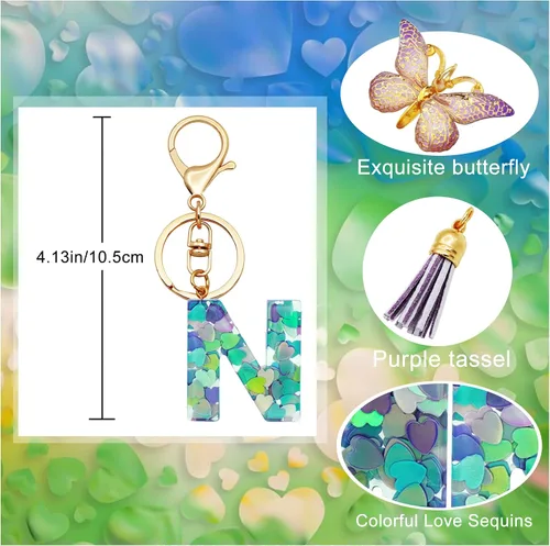 Miniatura 2 de TTYY Llaveros con letra inicial para niñas y mujeres, rosa, morado, verde, lindo llavero de corazón de mariposa para mochila escolar