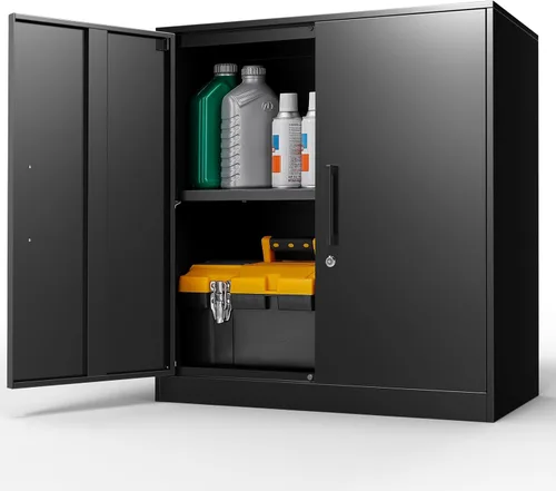 LUCYPAL Armarios de almacenamiento de metal con 2 puertas y asa, gabinete de almacenamiento con bloqueo de acero con estantes ajustables, gabinete