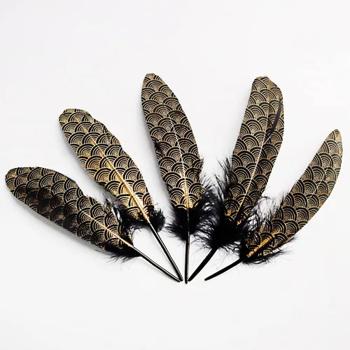 Miniatura 2 de 30 plumas de ganso negro bañadas en oro de 6 a 9 pulgadas, plumas de nube con patrón dorado para manualidades de Halloween, manualidades, fiestas