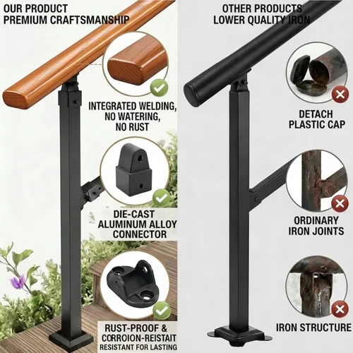 Miniatura 4 de Kit de pasamanos de escalera al aire libre UOKRR, pasamanos de hierro con grano de madera para interior, se adapta a 1-2 escalones
