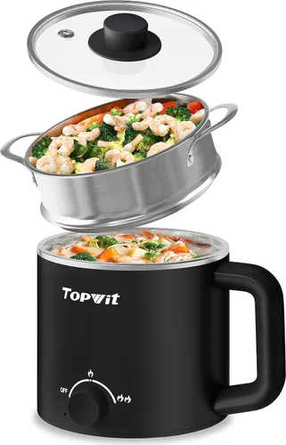 Miniatura 2 de Topwit Cocina eléctrica con vapor, olla de ramen de 1.6 L y hervidor eléctrico de agua caliente de vidrio de 1 litro
