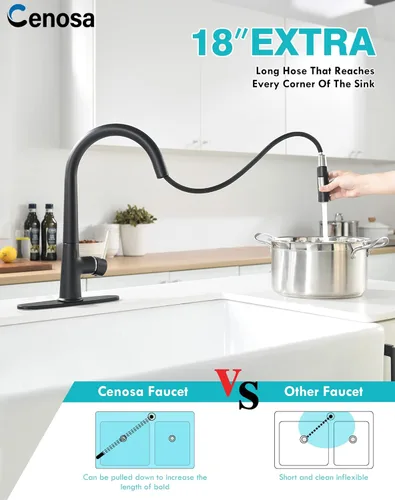 Miniatura 5 de Grifo de cocina negro sin contacto con adaptador de CA, sensor de movimiento inteligente, manos libres, grifo de fregadero de cocina de una sola