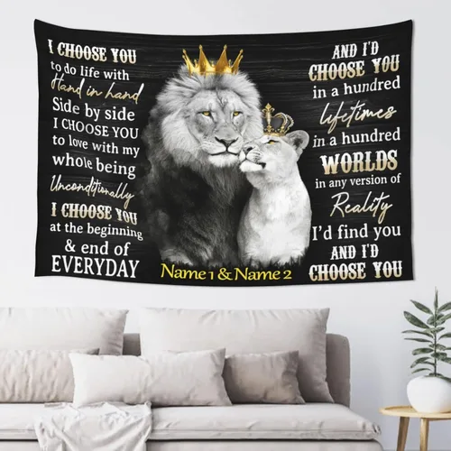 Tapiz de rey león y reina con corona, con nombre personalizado, citas románticas en blanco y negro, con texto en inglés "I Choose You", tapiz de