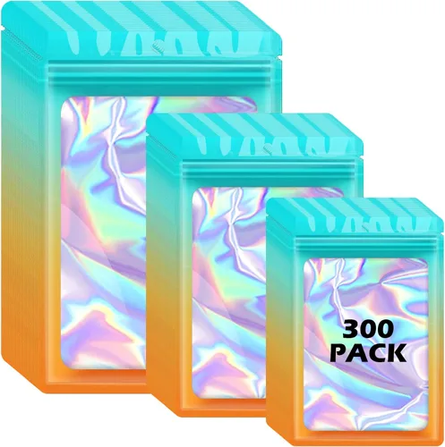 Miniatura 23 de 300 bolsas holográficas de mylar, 3 tamaños, bolsas a prueba de olores con ventana transparente, bolsas de papel de aluminio resellables