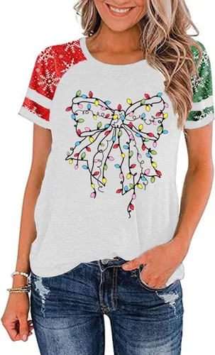 Miniatura 19 de Camisa de Navidad para mujer, manga raglán, con gráficos, para festivales de Navidad, lindas camisetas de moda para vacaciones, casual, regalo