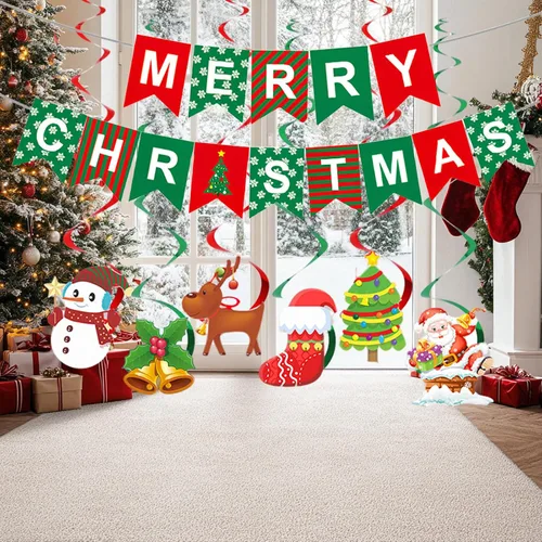 Miniatura 5 de Cartel de decoración de Feliz Navidad, decoración colgante de interior para fiesta de Navidad con 6 serpentinas en espiral y 14 globos