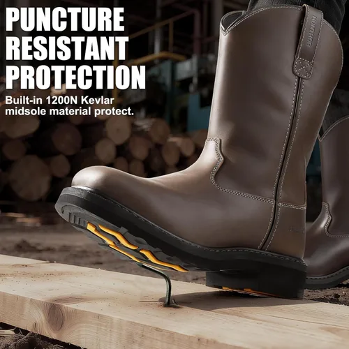 Miniatura 4 de Botas de trabajo con punta de acero para hombre, a prueba de pinchazos con suela media de EVA, GoodyearWelt, cuero de grano completo, resistente al
