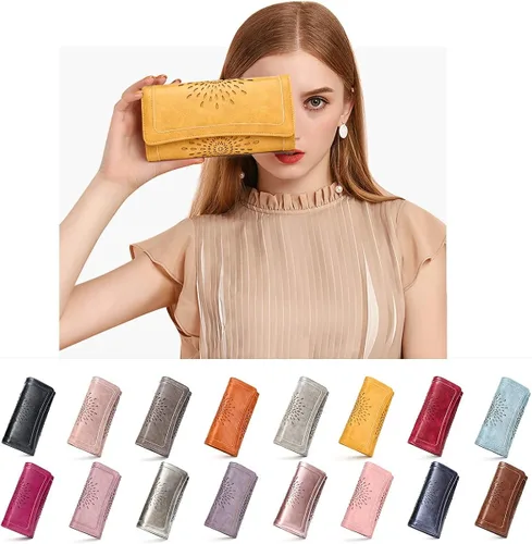 Miniatura 6 de Aphison - Cartera larga de cuero suave RFID para mujer, con caja de regalo