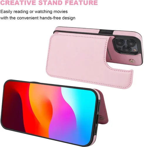 Miniatura 5 de ONETOP Compatible con iPhone 15 Pro Max Funda Billetera con Portador de Tarjetas, Funda de Cuero PU con Soporte y Ranuras para Tarjetas, Doble Rosa