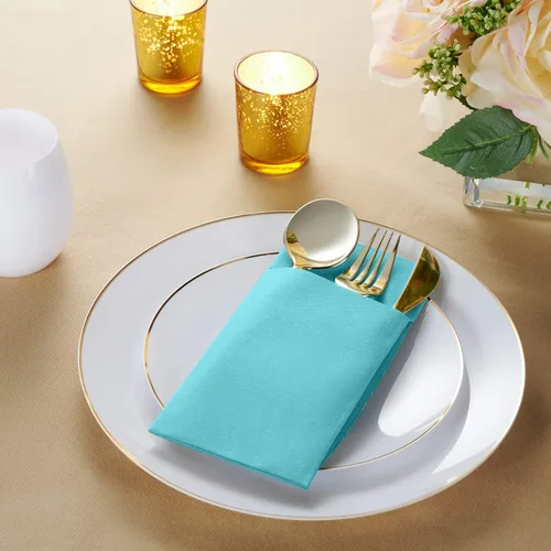 Miniatura 2 de Paquete de 50 servilletas desechables con sensación de lino para cena con bolsillo integrado para cubiertos, servilletas de papel tipo tela Menta
