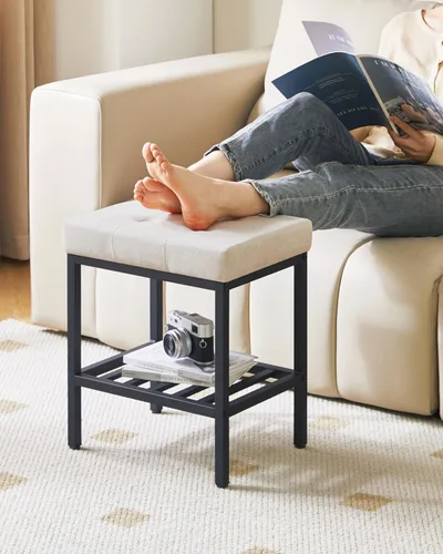 Miniatura 6 de IBUYKE Taburete de maquillaje rectangular con pies ajustables y espacio de almacenamiento, silla reposapiés, taburete de tocador de asiento de lino