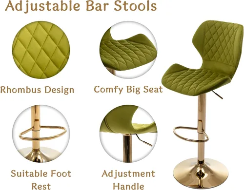 Miniatura 4 de Juego de 2 taburetes de bar de terciopelo ajustables verdes con patas doradas, modernas sillas de bar giratorias para isla de cocina, comedor, bar