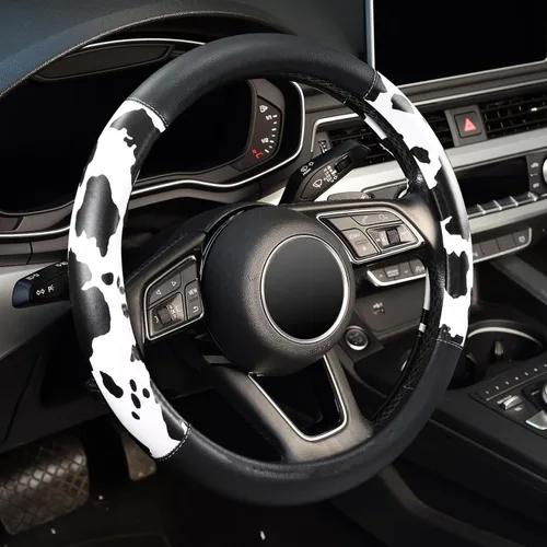 Miniatura 10 de ZHOL Funda para volante con estampado de vaca, cubierta de volante de automóvil en forma de D, piel de microfibra de 14 1/2-15 pulgadas