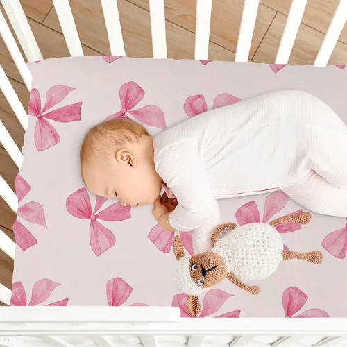 Miniatura 6 de Burbuja Sábana bajera ajustable para cuna para niñas y niños, con lazo rosa, suave, transpirable, para colchones estándar de cuna y cama de niño