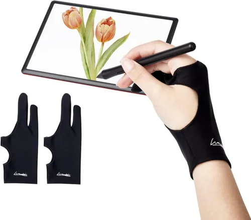 Paquete de 2 guantes de dibujo digital, guantes de artista para tableta de dibujo, iPad, bocetos, guantes de arte con dos dedos para mano derecha e